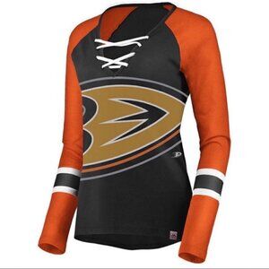 NWT Majestic Ducks NHL Giant Logo Lace Up Long Sleeve Raglan T-shirt size L